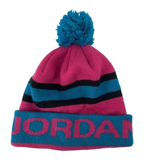 Air Jordan Beanie Pom Pom Cuffed Winter Cap Ski Youth One Size Blue Pink Retro - Picture 1 of 7